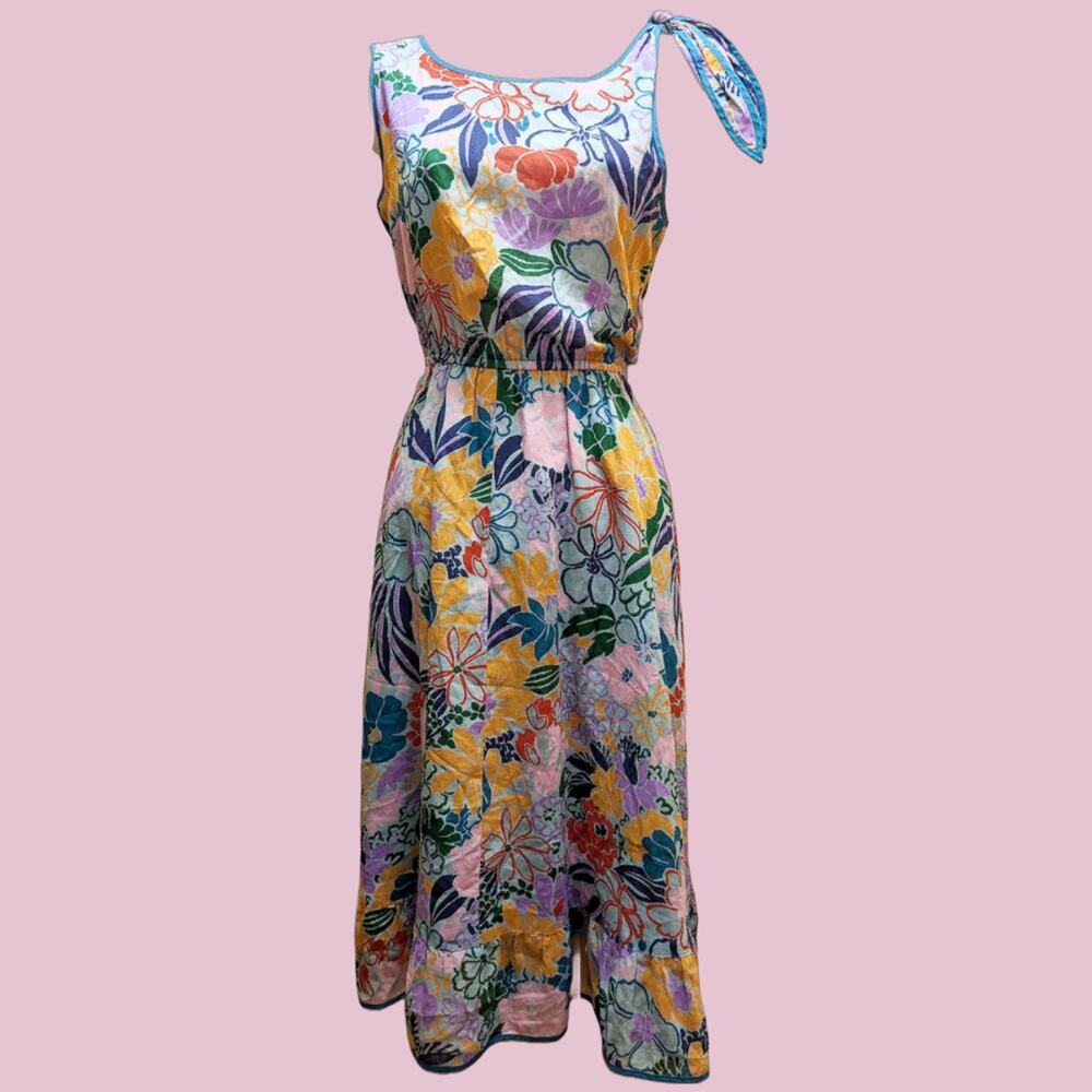 Retro Light Blue Bold Floral Cotton Dress with Shoulder Tie Accent